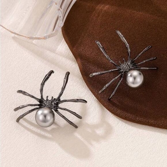 Gothic Large Spider Earrings, Light Gray Pearl Body, Black Legs, - Picture 2 of 5